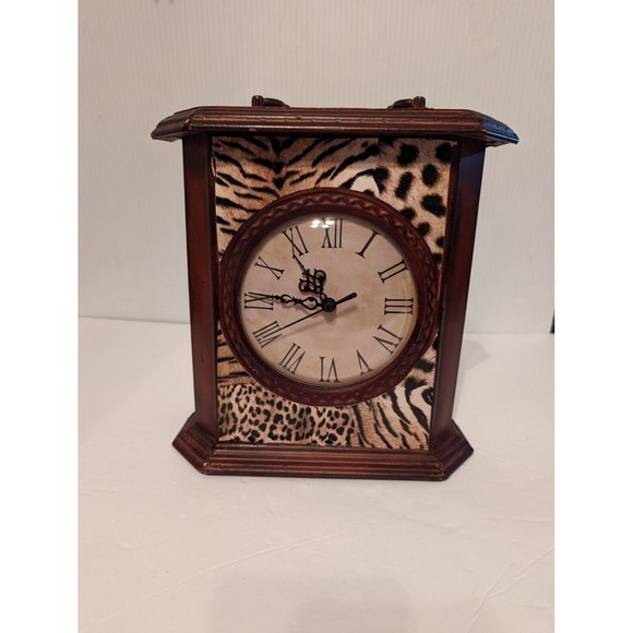 All Metal Handle Mantel Clock Safari  Wood design Back Secret Compartment Door - Picture 2 of 12